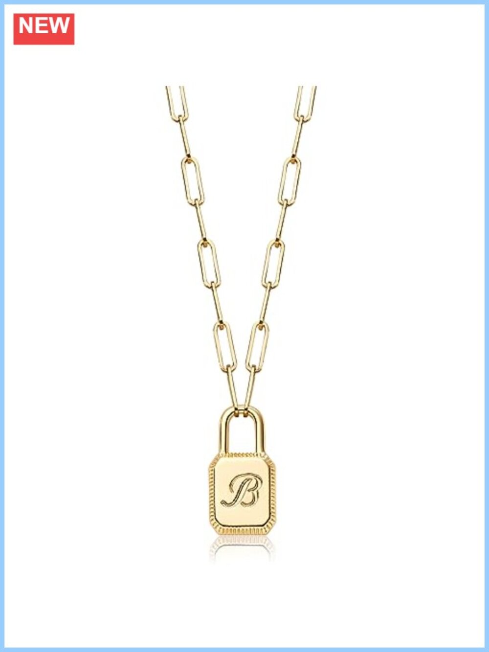 14K Gold Plated Lock Initial Necklace Dainty Paperclip Chain Personalized B